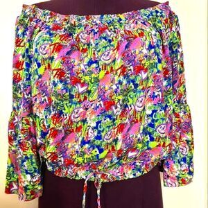 Rouge Helium Green and Purple Ruffled Smocked Blouse